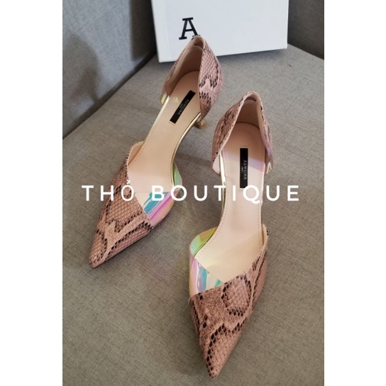 Giày cao gót ADWEINA chính hãng hoạ tiết da rắn phối mica 6cm size 38.5