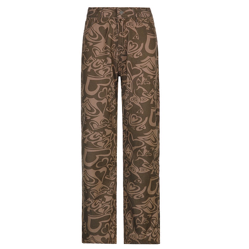 Quần jean thắt lưng cao in hình trái tim màu tương phản phong cách Âu Mỹ thời trang cho nữ