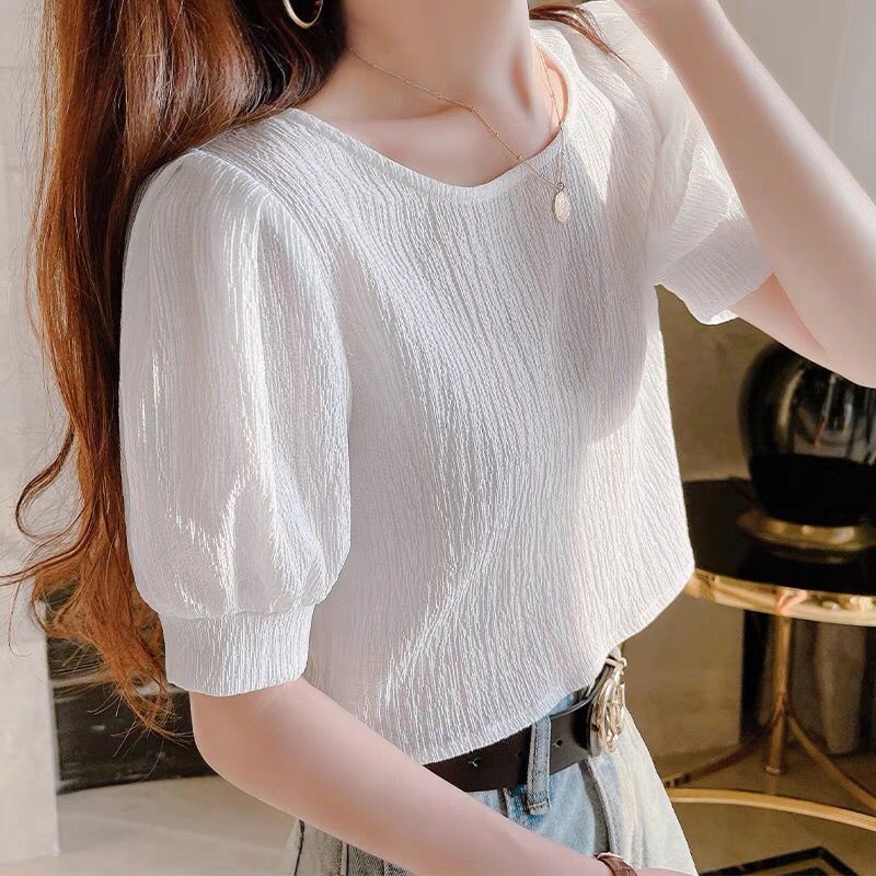 Áo Thun Crop Top Vải Voan Cổ Tròn Tay Phồng Màu Trắng Đơn Giản Thời Trang Mùa Hè Cho Nữ