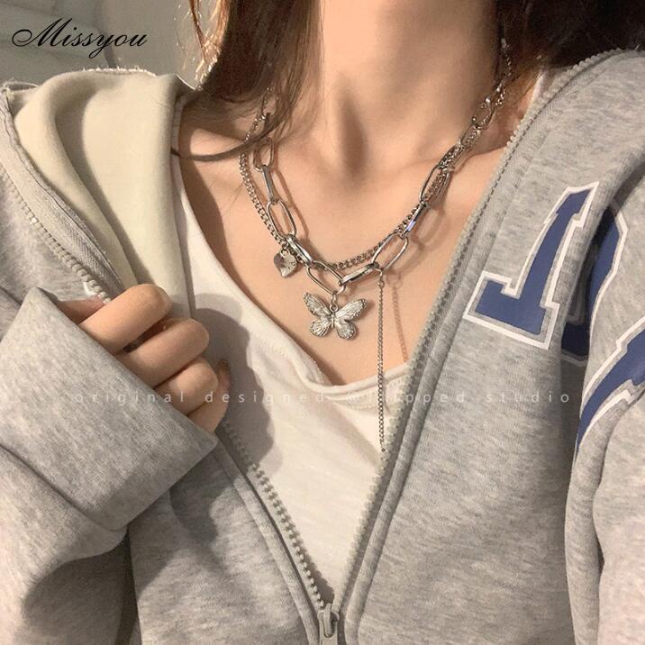 Vòng cổ choker DODDER thiết kế hai lớp mặt hình trái tim/ bướm màu bạc thời trang cho nữ