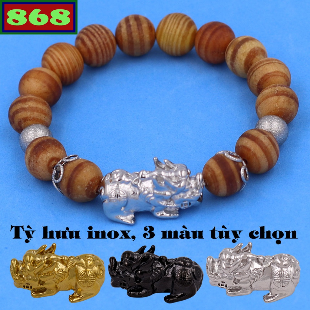 Vòng chuỗi đeo tay gỗ huyết rồng charm tỳ hưu inox, bi inox, khía bông inox, từ hạt 6 ly đến 12 ly