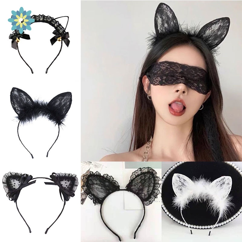YD Băng Đô Cài Tóc Hình Tai Mèo Bằng Ren Màu Đen Đáng Yêu Cho Nữ