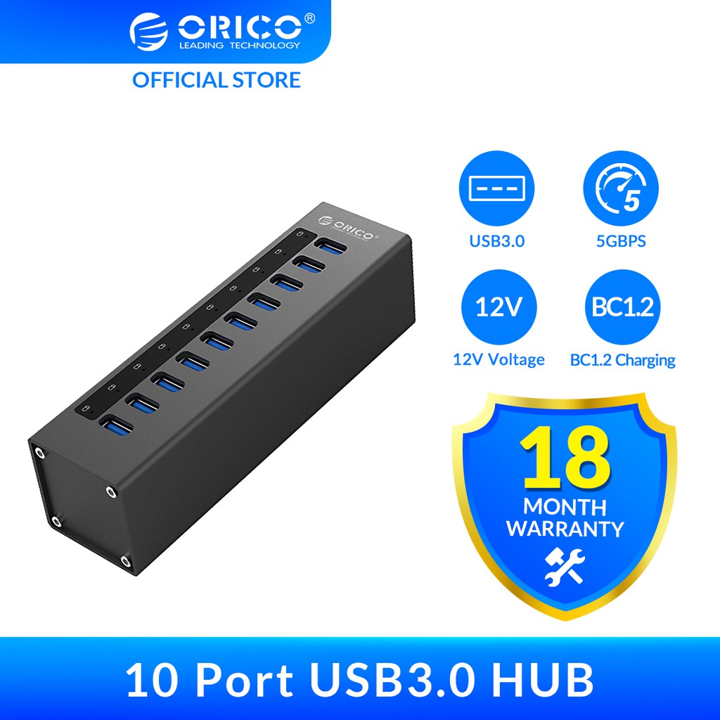 [ORICO] Aluminium 10 cổng USB 3.0 HUB Bộ chuyển đổi nguồn Nguồn điện độc lập 12V cho PC MAC với Bộ sạc BC1.2 （A3H10-V2）