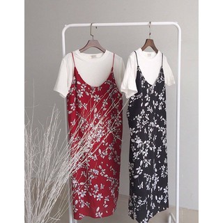 Set áo thun trắng+đầm yếm hoa xinh