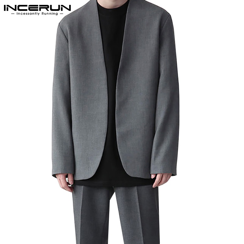 Áo khoác blazer INCERUN tay dài cổ chữ V dáng rộng màu trơn phong cách đơn giản dành cho nam 