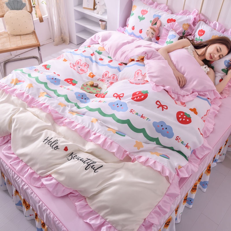Korean version ice silk bed skirt four piece lace bedspread quilt cover ins Princess washed silk three piece bedding 9fx9