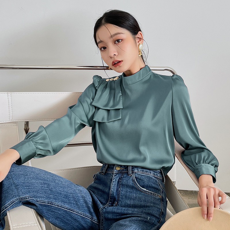Áo sơ mi lụa vai đính nơ cúc ngọc cổ cao 3cm - áo sơ mi công sở nữ 119