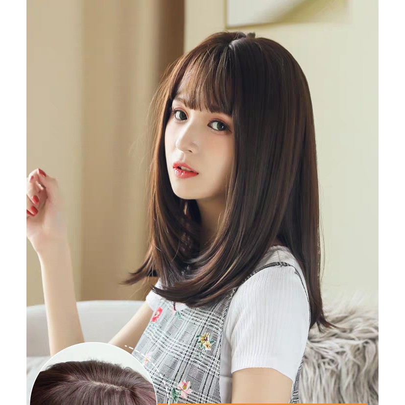 Tóc giả nữ nguyên đầu cup vai, tóc giả bộ cả đầu mái thưa thẳng