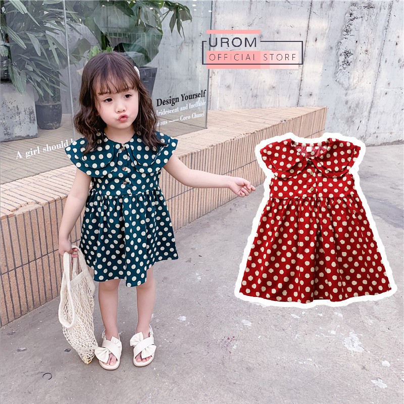 Váy bé gái thiết kế cổ sen chấm bi xanh, đỏ cho bé 1 tuổi đến 5 tuổi