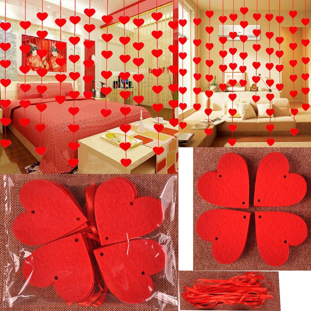 16 Trái tim đỏ và 3m dây lụa Rèm Tim đỏ Dây tim đỏ Trang Trí tiệc cưới Valentine trang trí chữ love tim chất liệu nỉ