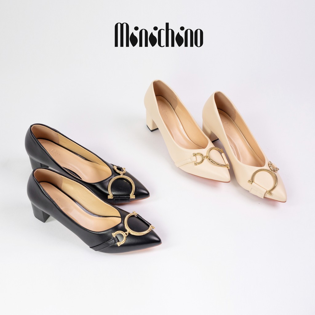 Giày búp bê nữ cao 5cm MINICHINO mũi nhọn gót vuông, da mờ thời trang màu kem TC048 | BigBuy360 - bigbuy360.vn