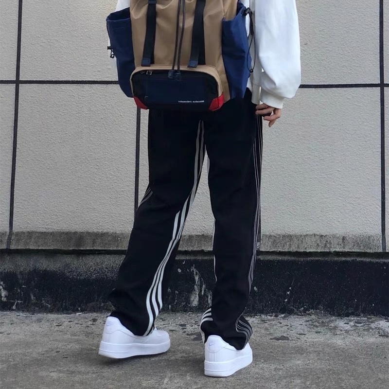 【ZHELIHANGFEI】Quần Dài Lưng Cao Ống Rộng Họa Tiết Kẻ Sọc Phong Cách Mỹ