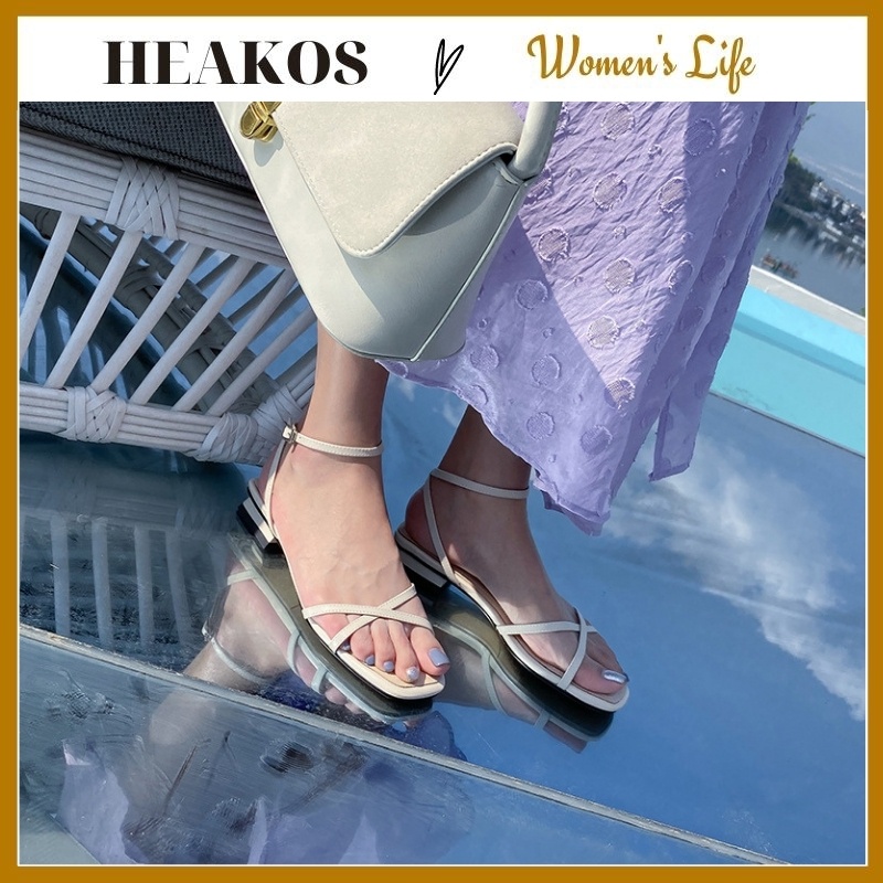 Sandal cao gót nữ giày sandal nữ đế bệt quai chéo đế vuông thời trang HEAKOS
