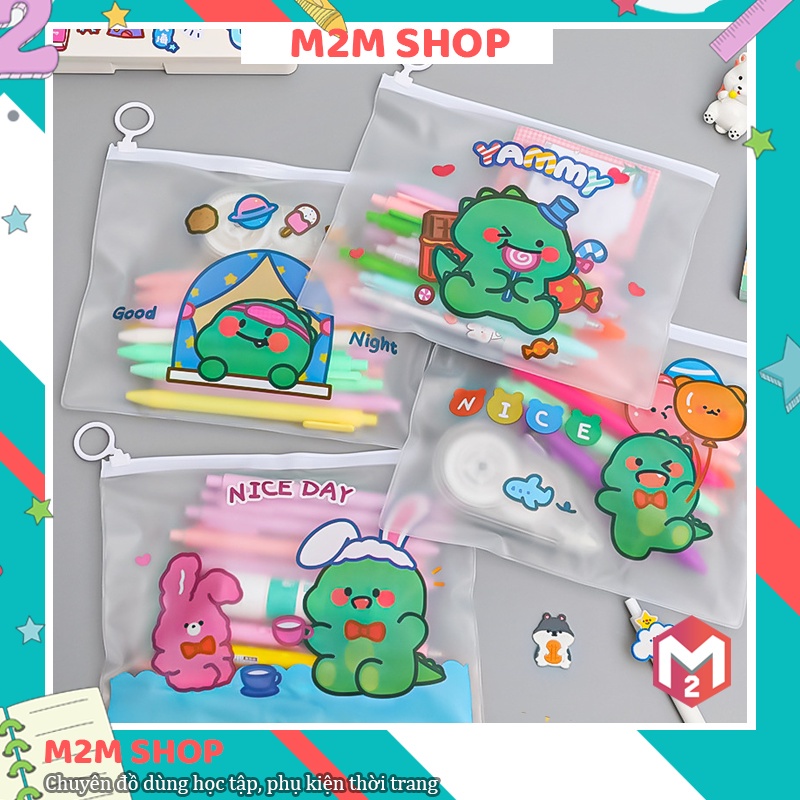 Hộp túi bút trong suốt cute hình chú khủng long dễ thương đáng yêu, khóa túi zip