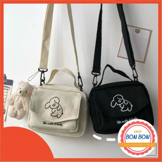 Túi đeo chéo nữ canvas thêu hình chú cún ngộ nghĩnh