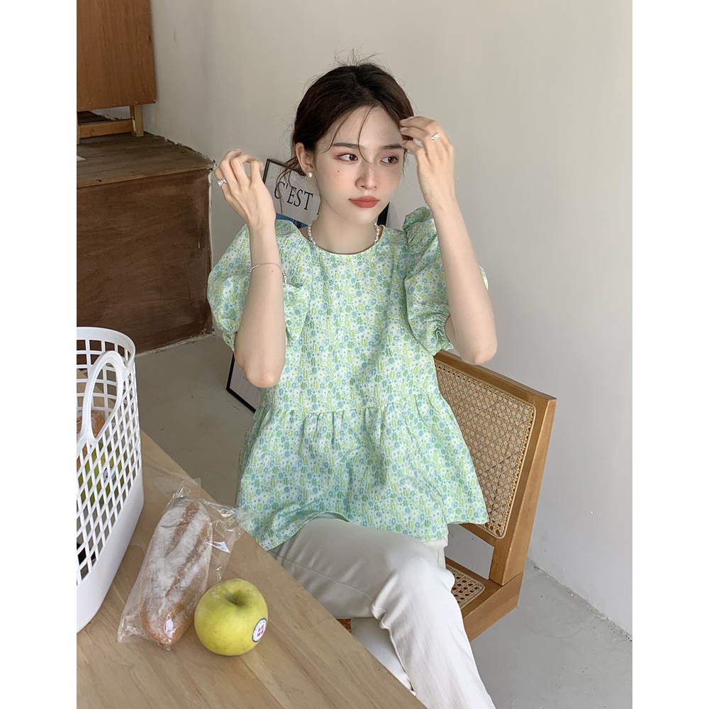 Áo Sơ Mi Chiffon Tay Ngắn Cổ Tròn Thắt Nơ In Họa Tiết Phong Cách Hàn Quốc Thời Trang Cho Nữ