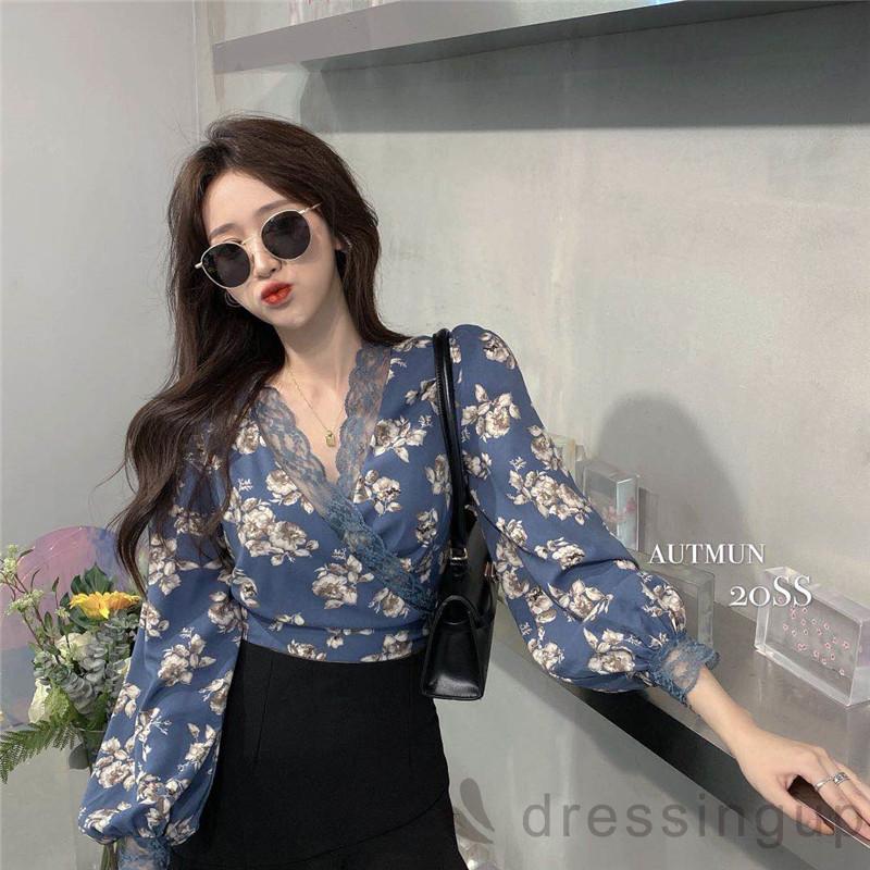 Áo Nữ Tay Dài Cổ Chữ V Họa Tiết Hoa Thanh Lịch