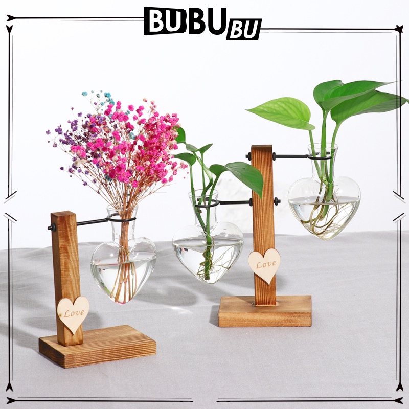 Chậu Trồng Cây Thủy Sinh Bằng Thủy Tinh Kèm Giá Đỡ Gỗ Để Bàn