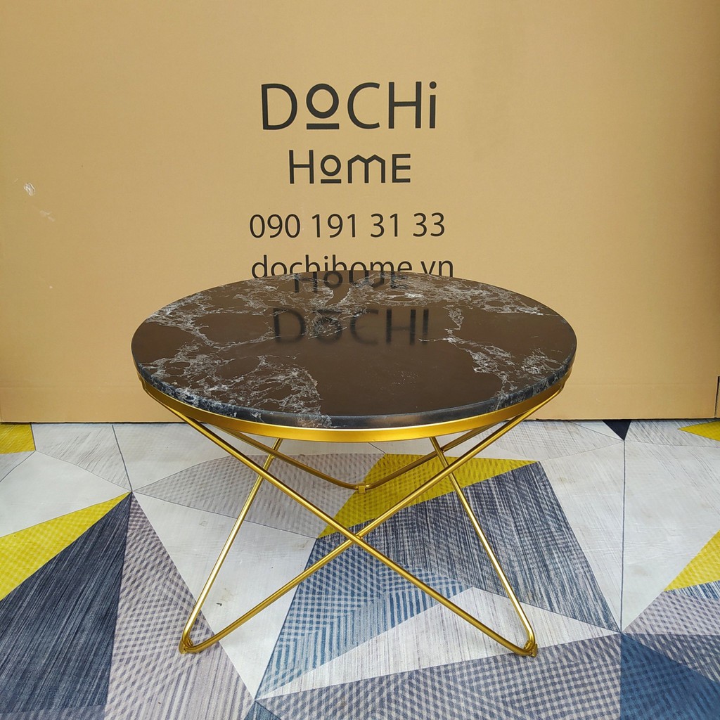 BÀN SOFA 3 CHÂN V CHÂN VÀNG MẶT ĐÁ ĐEN DOCHI HOME