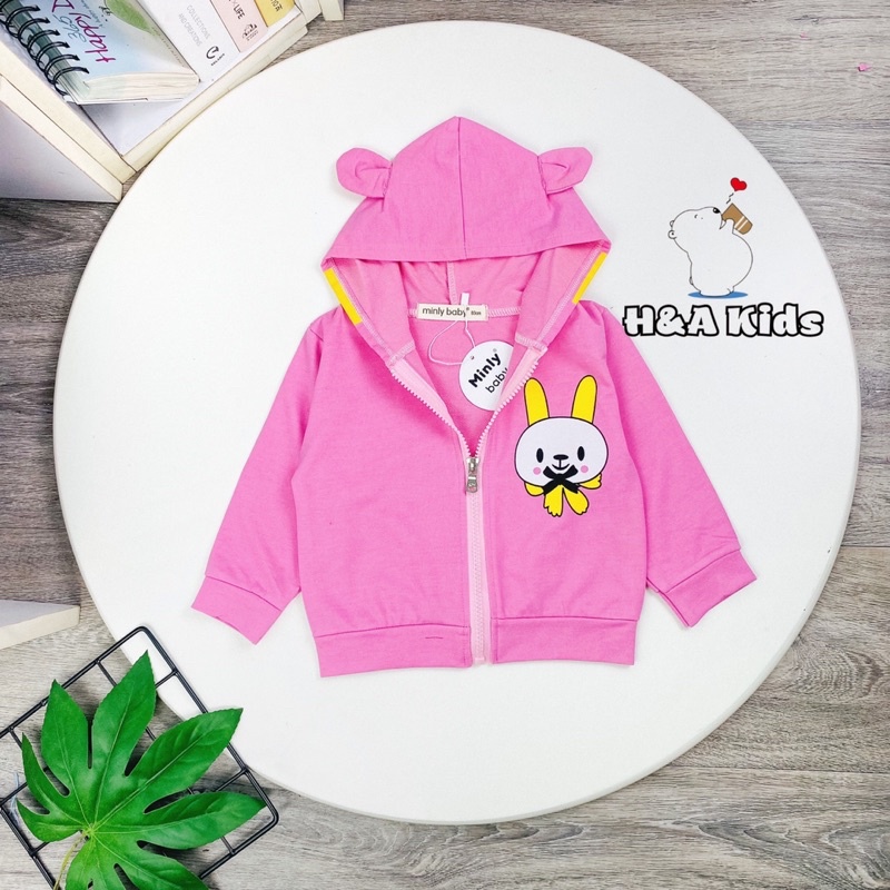 Áo Khoác Chống Nắng Minly Baby Vải Da Cá Dày Dặn, Phối Tai Thỏ Dễ Thương Size 7-17 kg