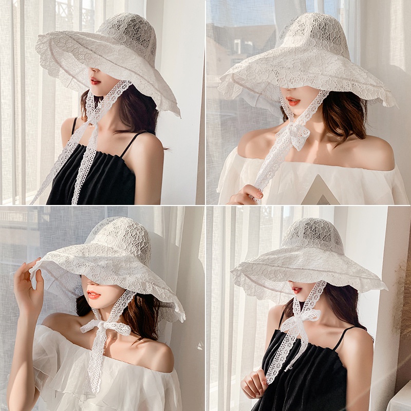 Mũ chống nắng rộng vành thời trang trẻ trung vải ren có dây cột 2 màu