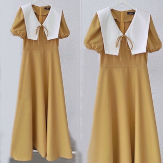 Đầm váy freesize vàng cổ trắng form dài