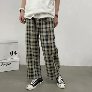 (Hàng sẵn) Quần dài ống rộng hoạ tiết sọc caro phong cách retro cho nam nữ