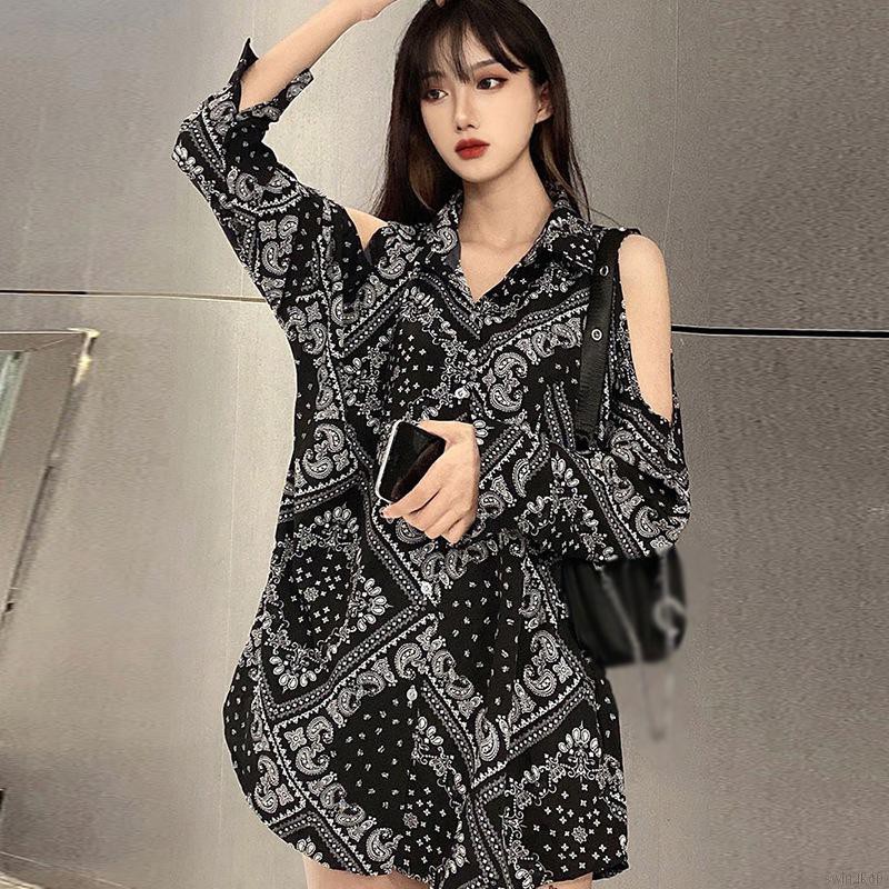 Áo trễ vai in hoạ tiết dài tay cho phụ nữ