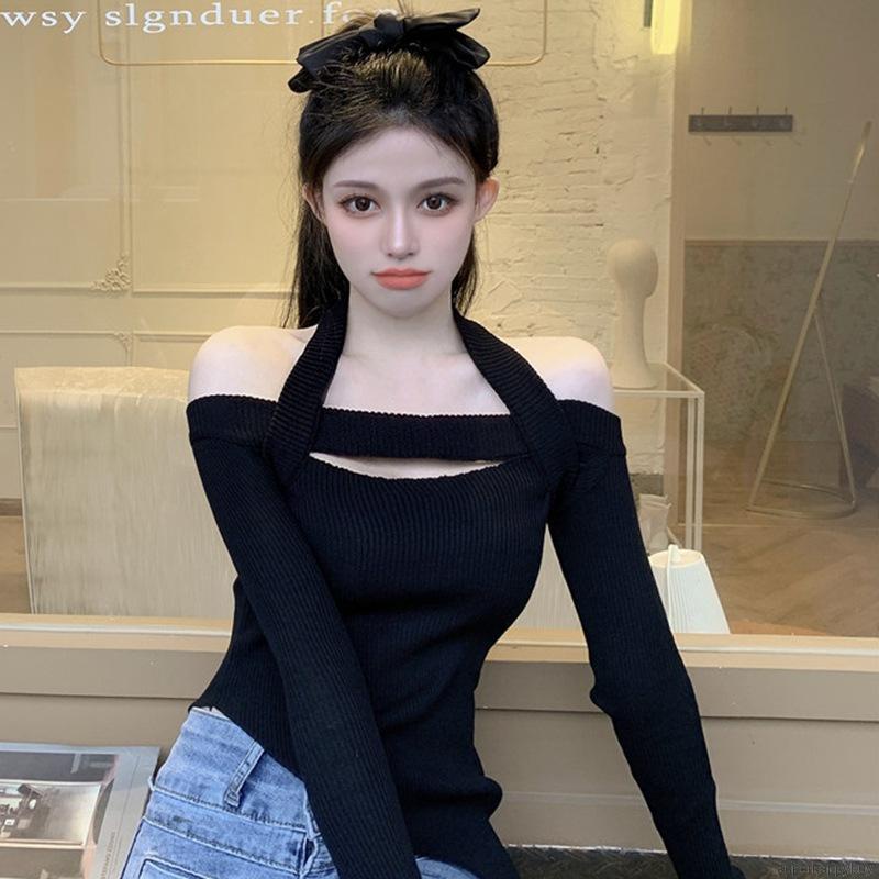 Áo Thun Tay Dài Thiết Kế Trễ Vai Quyến Rũ Phong Cách Hàn Quốc