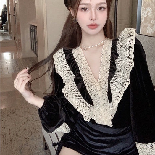 French velvet shirt female designer minority lace spliced shirt autumn and winter black chic v collar blouse
