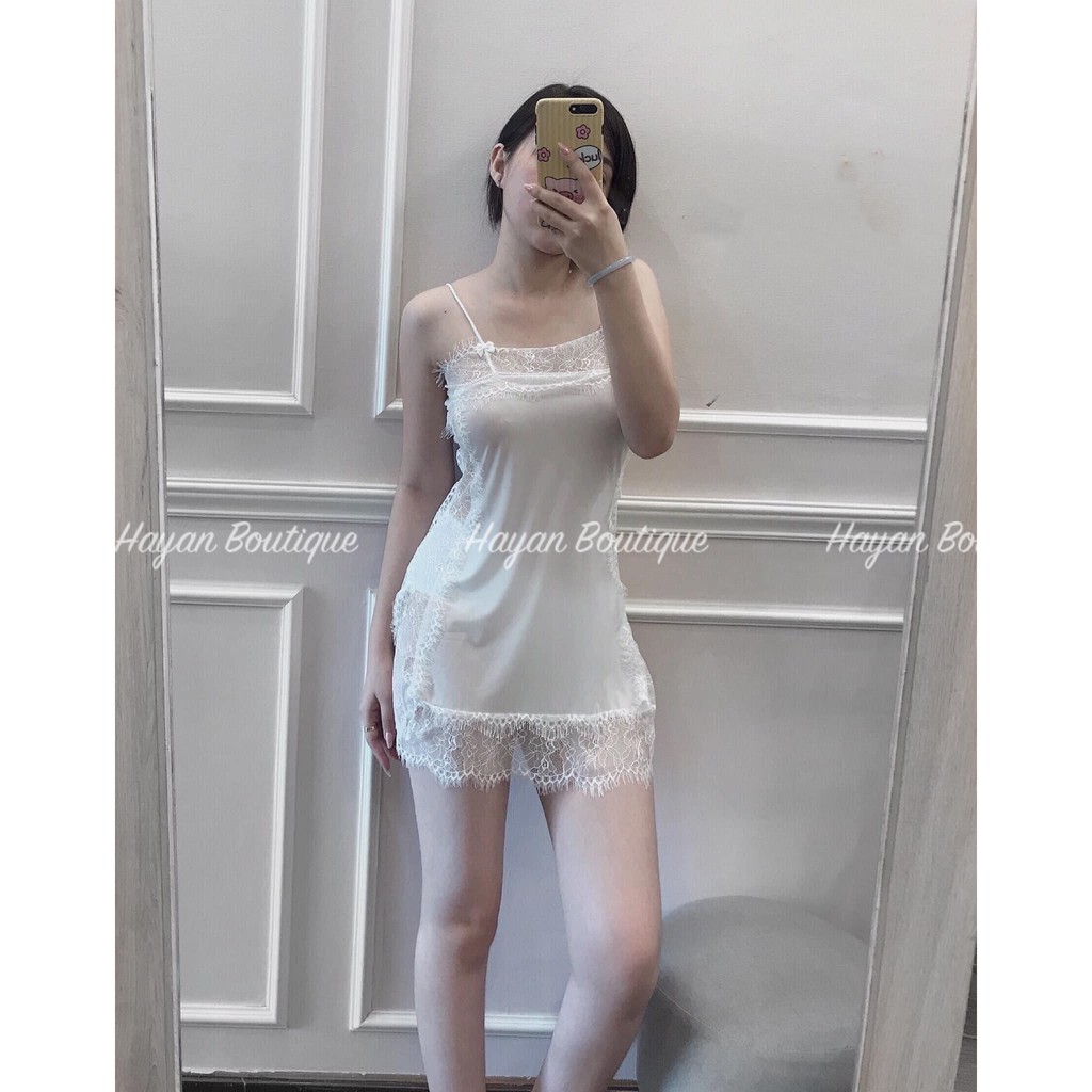 Váy ngủ sexy 2 dây body viền ren xẻ hông, đầm ngủ lụa mặc nhà gợi cảm QUẢNG CHÂU #HT70