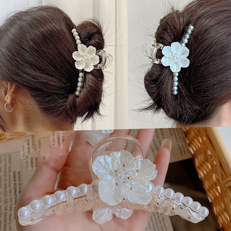 Kẹp Tóc Càng Cua Đính Ngọc Trai Acrylic Màu Trơn Thời Trang Thanh Lịch Cho Nữ