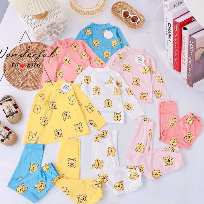 Bộ Áo Dài Tay Thun Lạnh Mềm Mịn Cổ 3 Phân Minky Mom Hoạ Tiết Gấu Pooh Cho Bé Trai, Bé Gái - 5 màu
