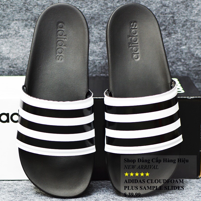 Adidas Cloudfoam Plus Sample màu đen đế đen quai trắng sọc đen