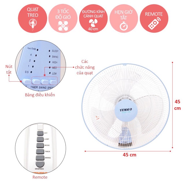 Quạt treo tường Senko TR1428 remote (BH: 2 năm chính hãng)