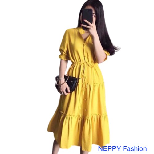 Váy Maxi Đầm Nữ Vàng Tầng Cổ Trụ Xinh Đi Biển Neppy N1W2