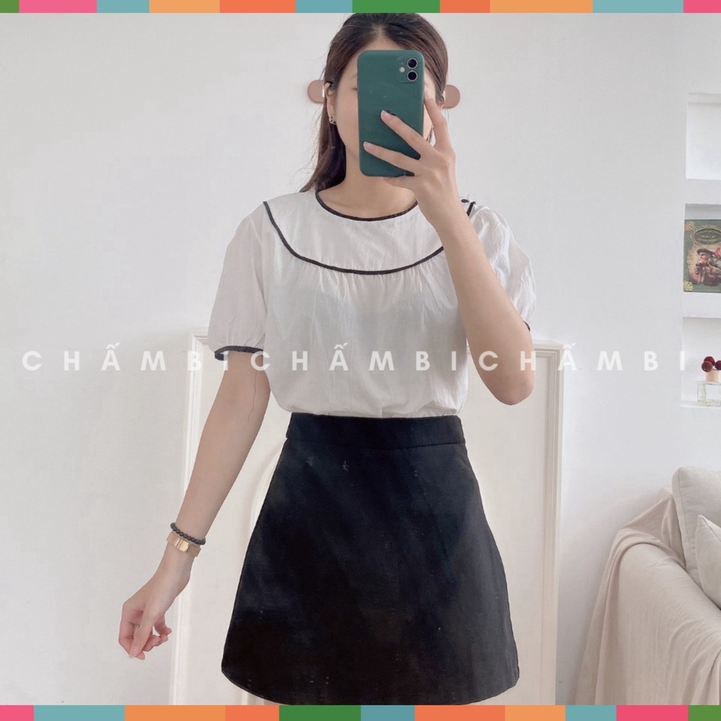Áo Kiểu Nữ A.211, áo babydoll cộc tay cổ tròn viền đen ba cúc cài vai đen