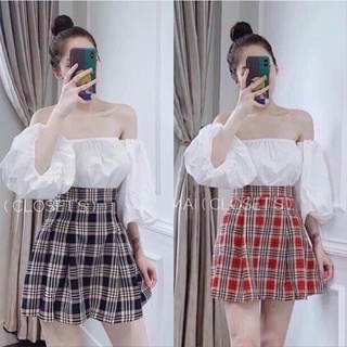 Set áo Chân Váy Áo bệt vai cv caro