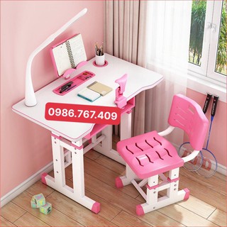 Bộ bàn ghế học sinh quà tặng đầu năm học cho bé gái màu hồng kèm đèn bộ chống cận