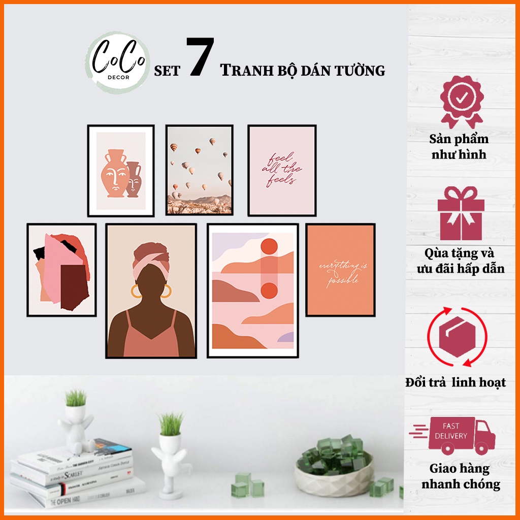 Tranh treo tường phòng ngủ , tranh dán tường , tranh trí , decor - COCO - BỘ 7 BỨC LỚN - có sẵn keo 2 mặt.