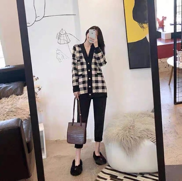 Áo cardigan kẻ caro dày
