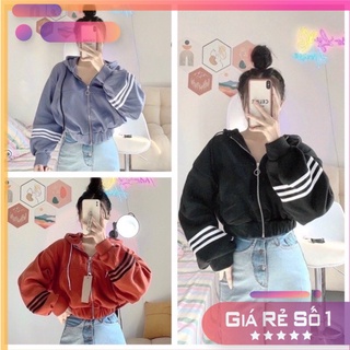 Áo khoác croptop thể thao tay phồng 3 sọc có mũ
