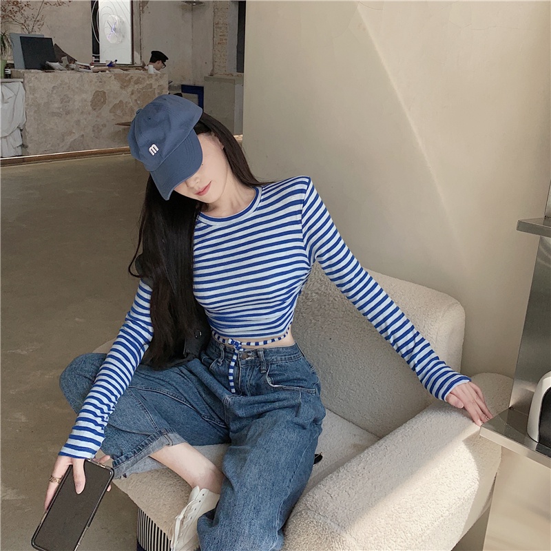 Áo thun tay dài cổ tròn dáng ôm họa tiết kẻ sọc ngang thời trang cho nữ