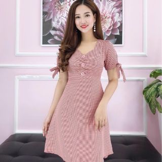 Đầm caro tay nơ