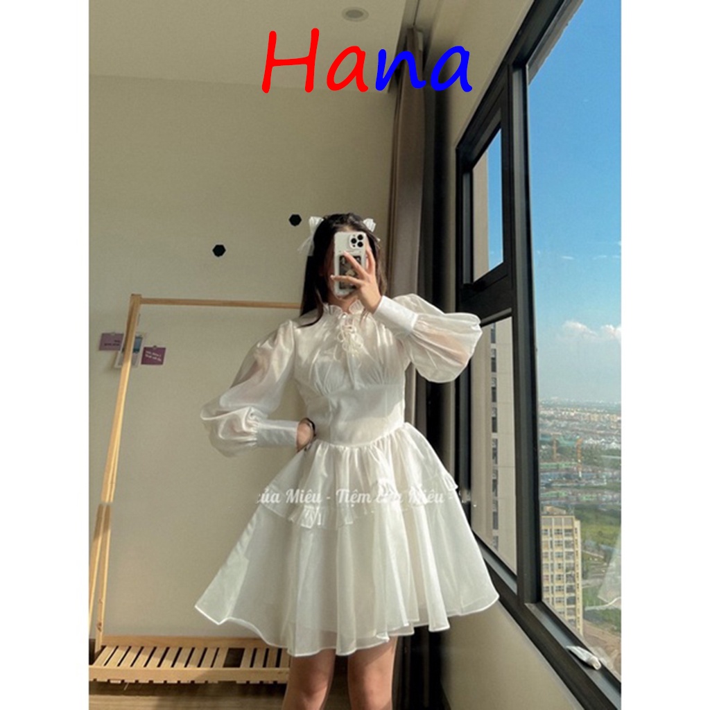 Váy tơ babydoll tay dài tiểu thư chân váy nâng tầng- Hana35