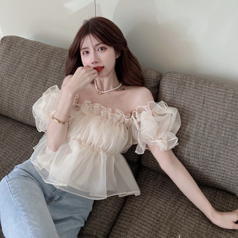 Áo croptop trễ vai voan tơ xếp ly bồng bềnh- Beautyone