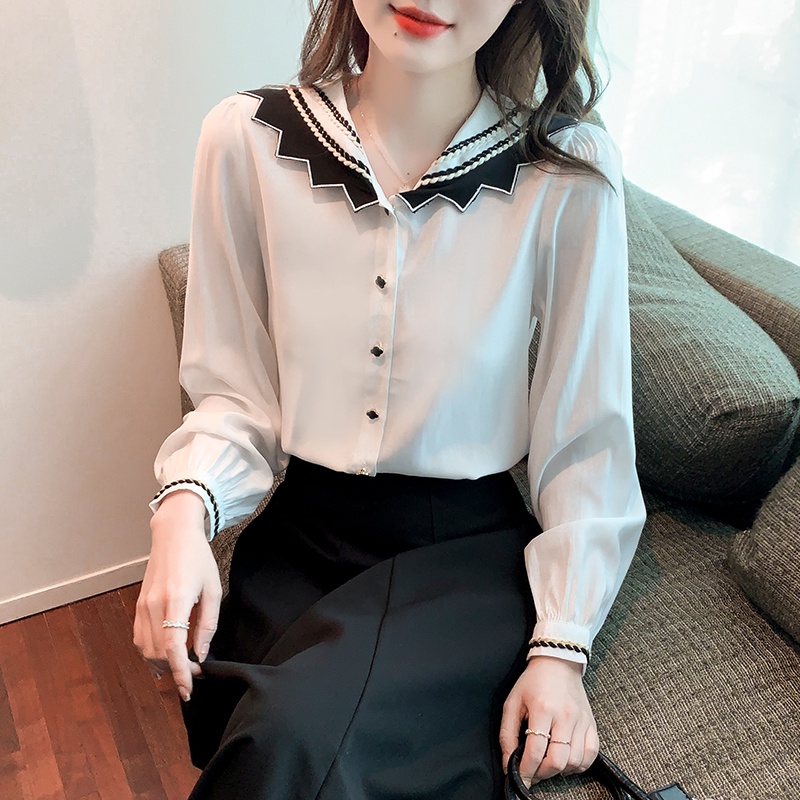 Áo Sơ Mi Tay Dài Cổ Thủy Thủ Màu Trắng Đen Thời Trang Xuân Thu Phong Cách Hàn Quốc Cho Nữ