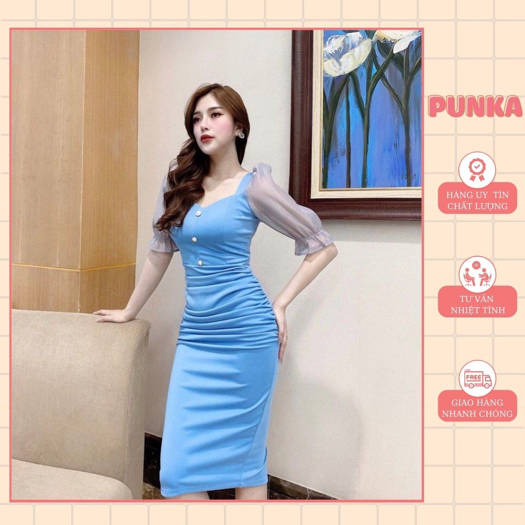 Đầm body dáng dài phối hàng cúc cao cấp, lịch sự với màu xanh mới mẻ