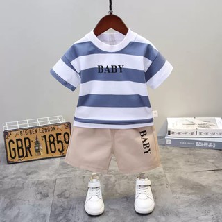 Bộ đồ bé trai đi chơi cộc tay sọc ngang CTF014 - Màu: Trắng xanh biển pastel