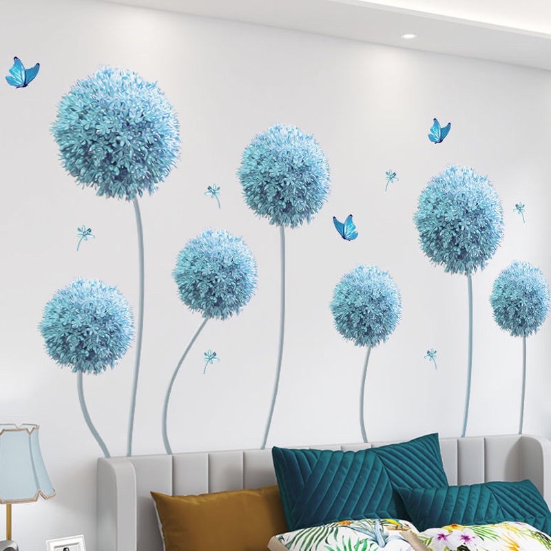 Decal dán tường phòng khách cẩm tú cầu xanh.